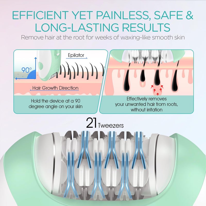 VOGOE Epilators Hair Removal for Women with 21 Tweezers & LED Light, 2 Speeds Cordless Epilator for Women, Electric Hair Removal Epilators Rechargeable for Arms & Legs HR110 (Light Green) - Image 3